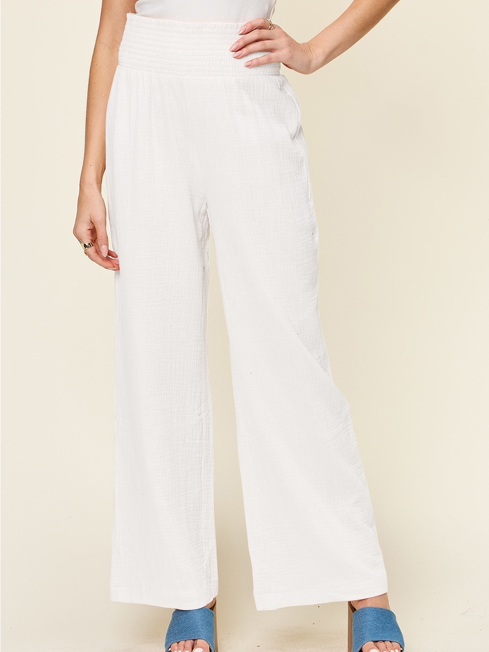 100% Cotton Gauze White Wide-Leg Smocked Waist Pants